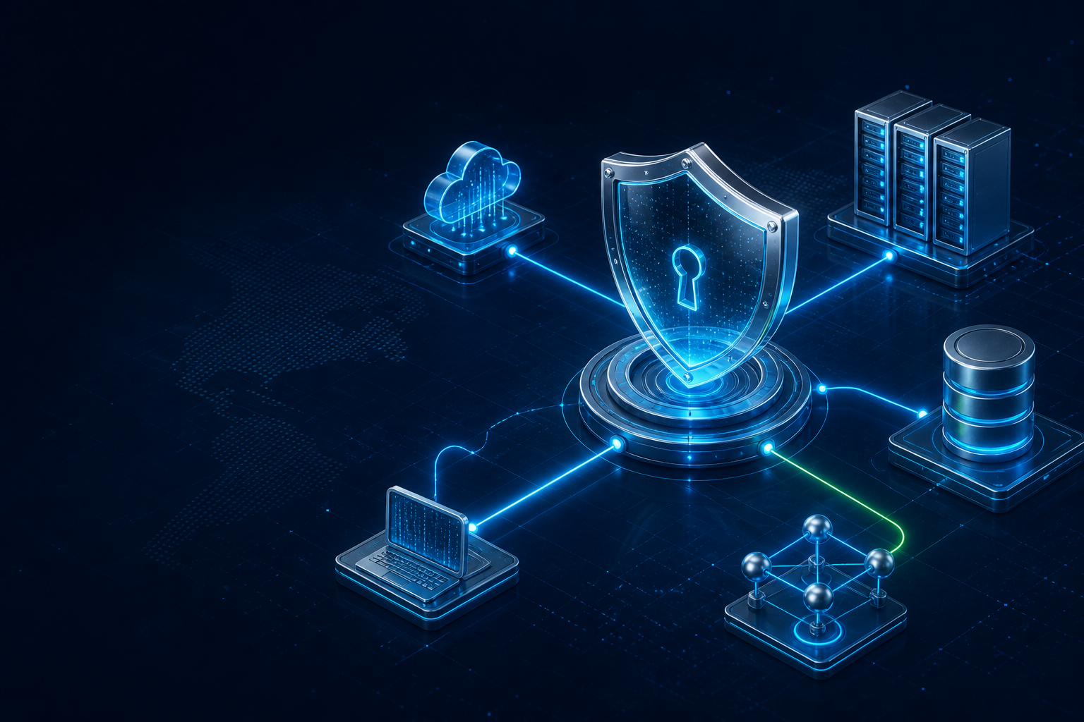 Connected cloud, server, database and network infrastructure protected by a central security shield